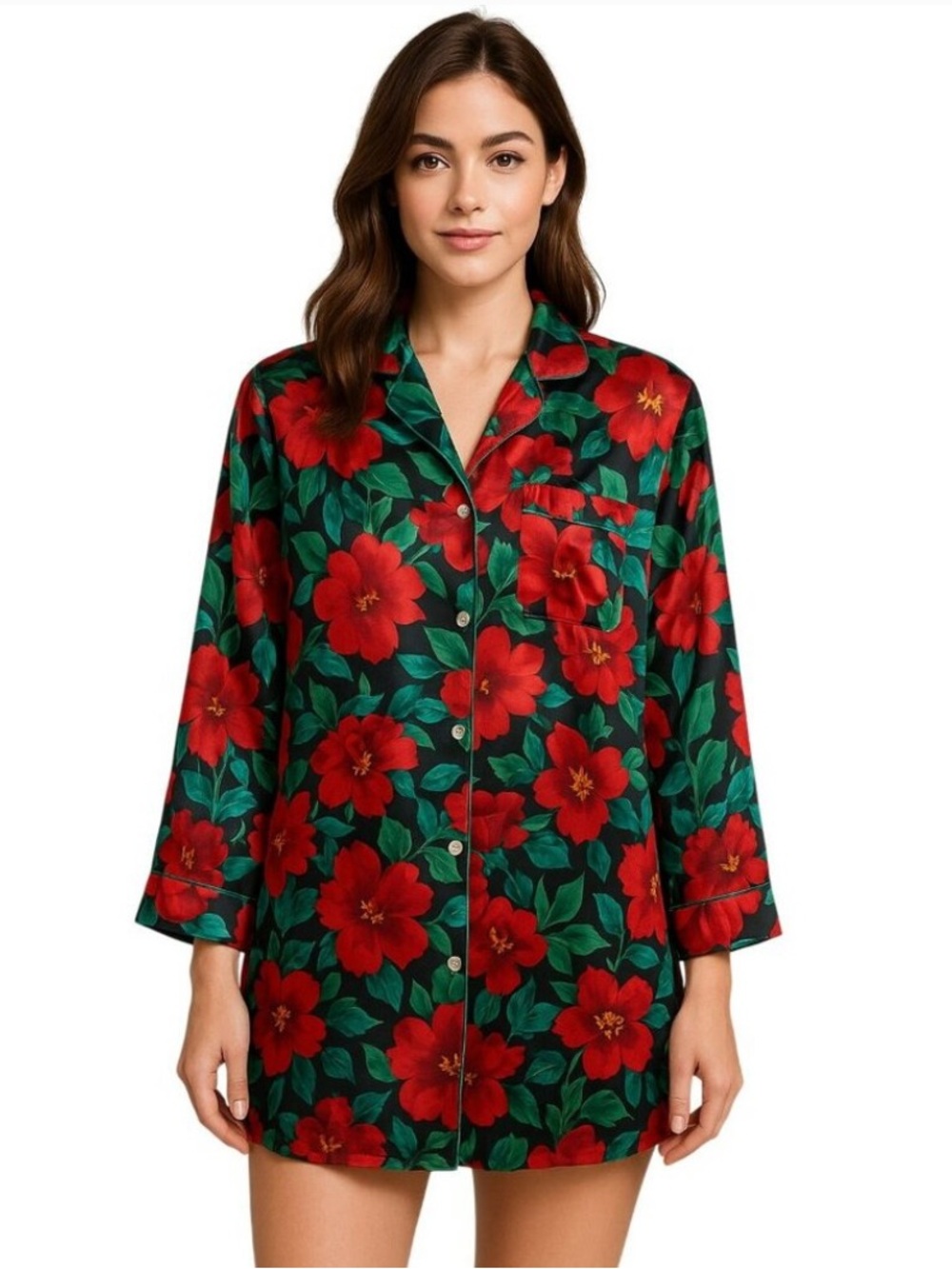 Vintage Victoria’s Secret Gold Label Button Down Red Floral Sleep Shirt Size L